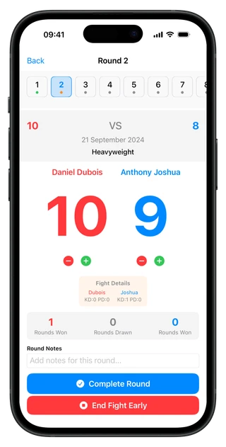 BoxingScorecard scoring interface with round-by-round scoring and 10-point must system