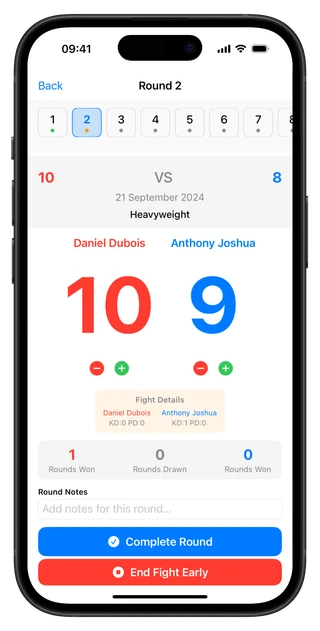 BoxingScorecard scoring interface with round-by-round scoring and 10-point must system
