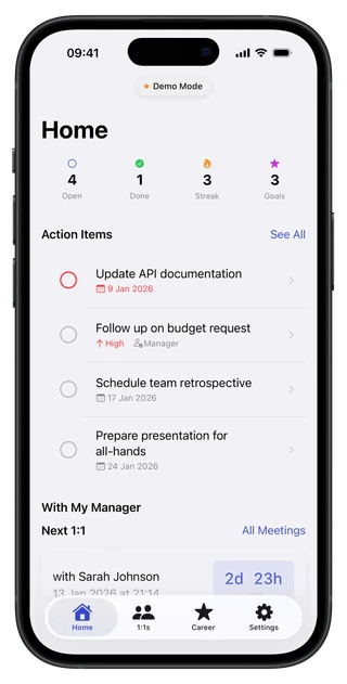 Career Companion home screen showing your upcoming 1:1 meetings and quick action buttons