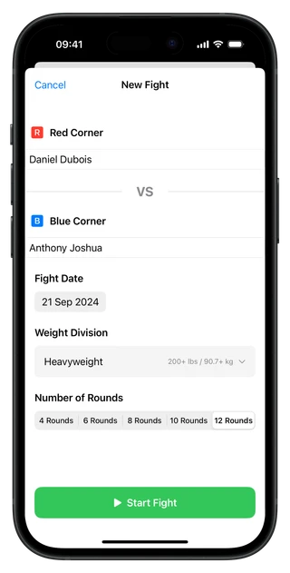 BoxingScorecard boxer setup screen for entering fighter names and match configuration