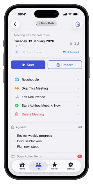 Career Companion 1:1 overview screen displaying meeting history and relationship tracking