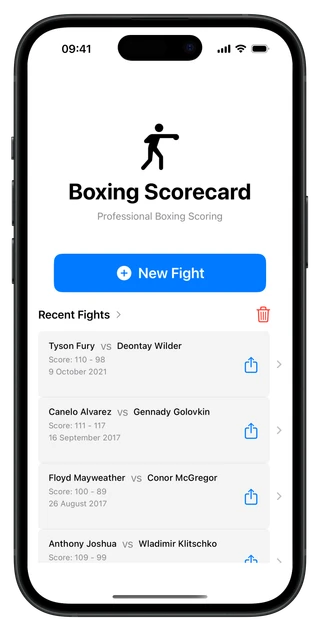 BoxingScorecard home screen showing main menu and app navigation