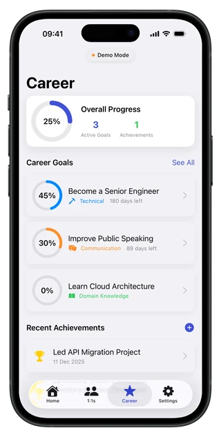 Career Companion career screen with goals tracking, achievements, and progress metrics