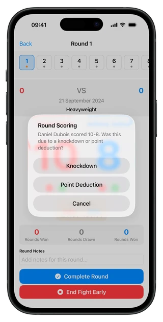 BoxingScorecard knockdown screen for recording knockdowns and counting recovery time