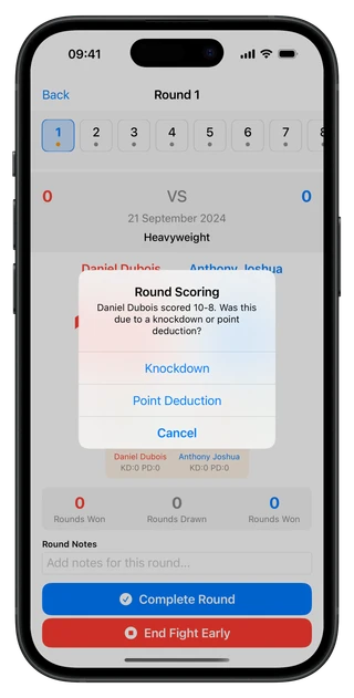 BoxingScorecard knockdown screen for recording knockdowns and counting recovery time