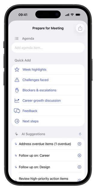 Career Companion meeting preparation screen with agenda items, notes, and action items
