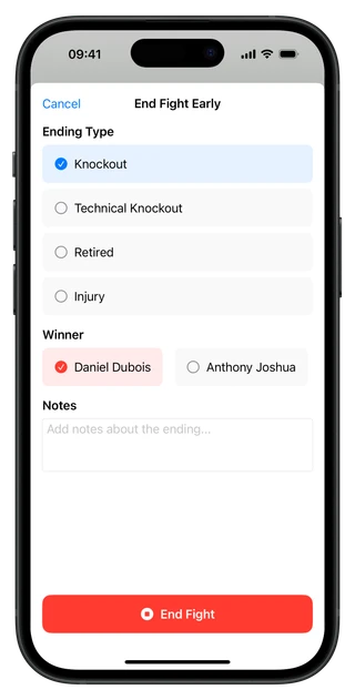 BoxingScorecard end fight early screen for stopping matches due to knockout or technical decision