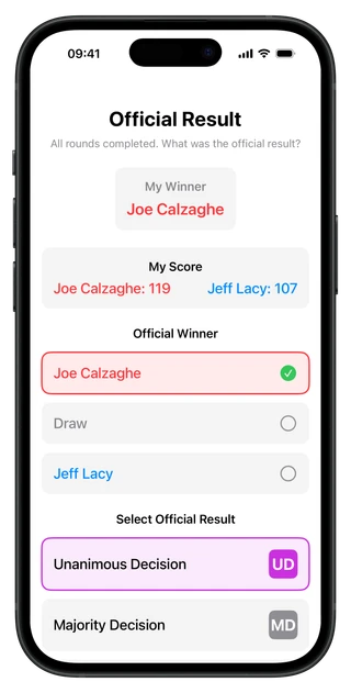 BoxingScorecard final decision screen showing complete fight results and scorecard summary